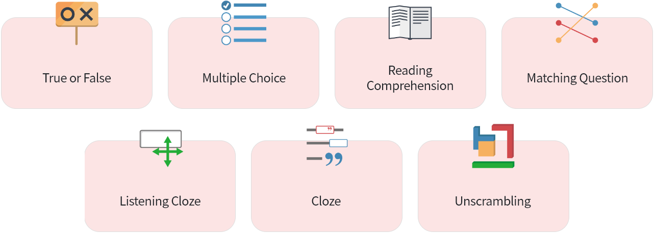 There are seven kinds of test items:True or False, Multiple Choice, Reading Comprehension, Matching Question, Listening Cloze, Cloze, Unscrambling.